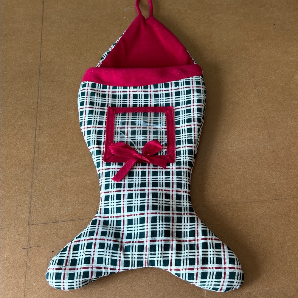 Plaid Fish-Shaped Christmas Stocking for log cabin decorations hunters tackle